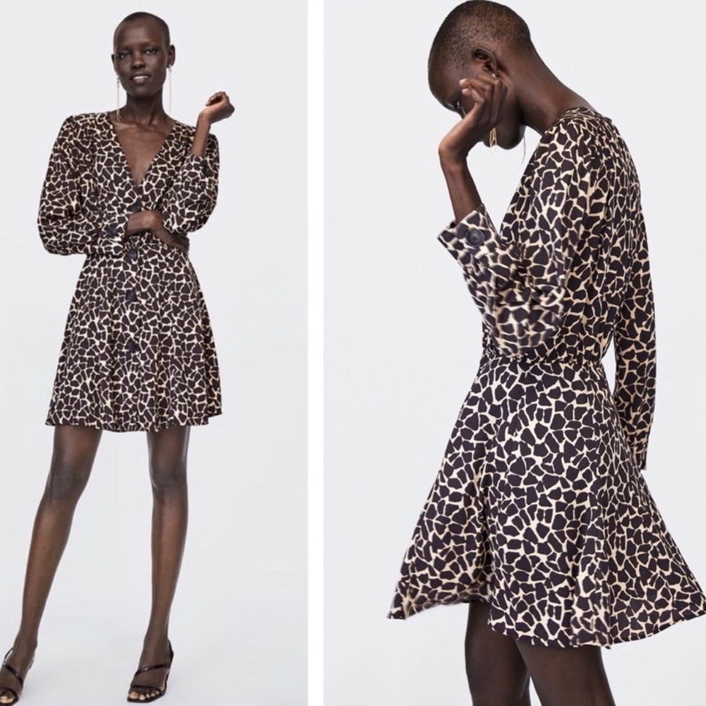 ZARA Giraffe V-Neck Button Up Mini Dress